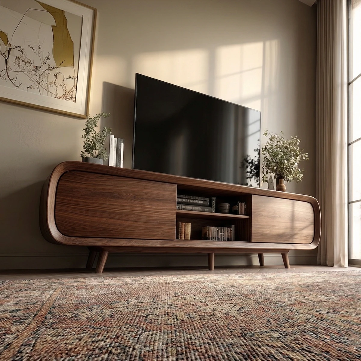 Low profile TV stand with rounded frame and open shelf blends into a modern living space