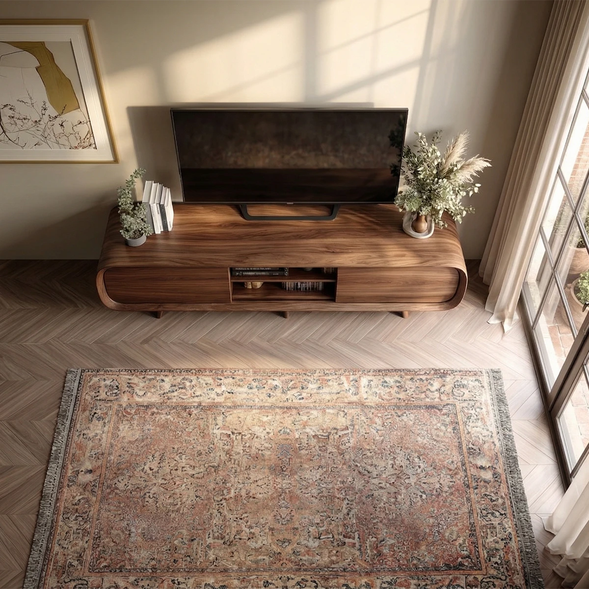 Solid wood TV console with curved sides and storage compartments creates a soft organic feel