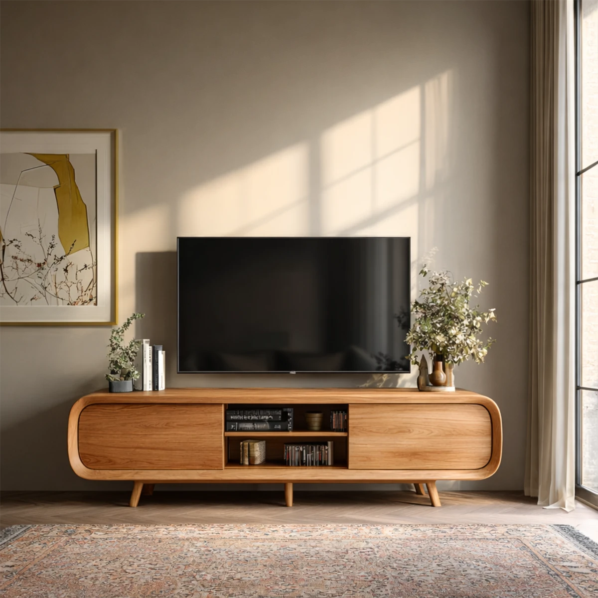 A minimalist TV stand with rounded edges and open storage complements modern home interiors