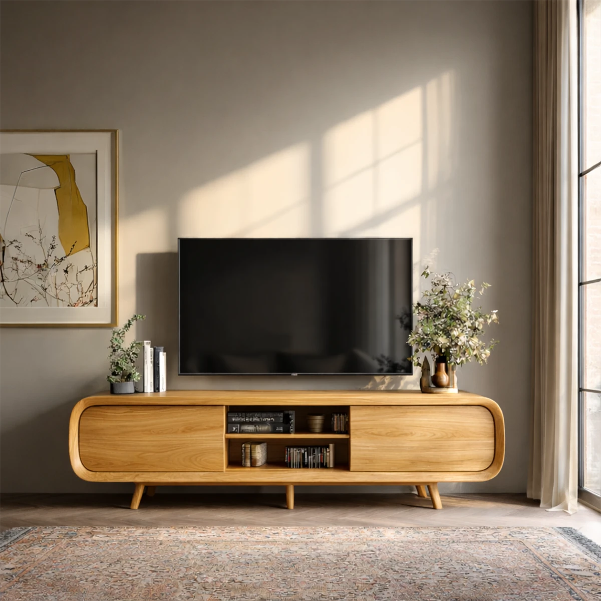 Designed with flowing curves, this media console offers storage and natural wood texture