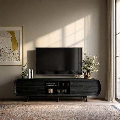 Contemporary TV stand with curved silhouette and storage adds balance to a modern living room