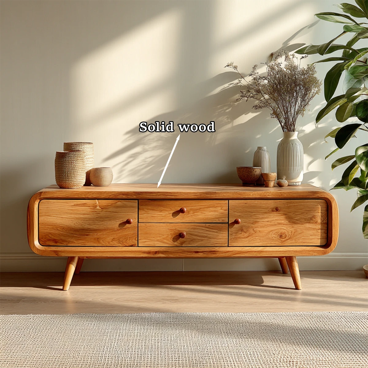 A wooden TV console with soft curves and storage drawers complements minimalist living spaces