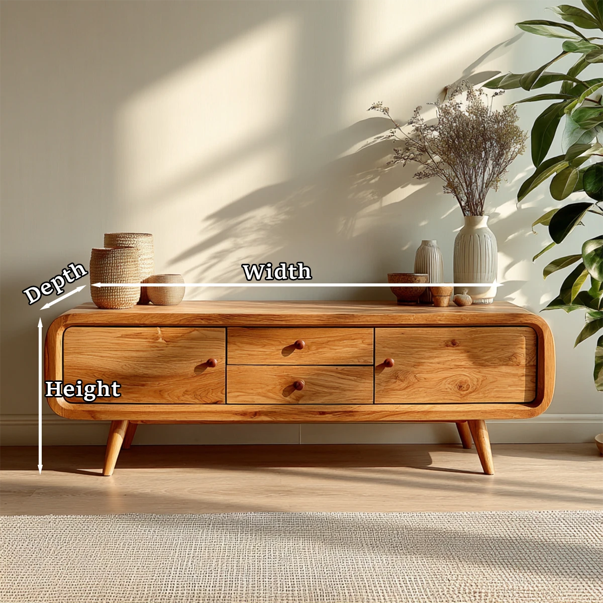 Modern media console with rounded edges and storage drawers delivers both style and practicality