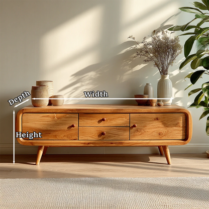 Modern media console with rounded edges and storage drawers delivers both style and practicality