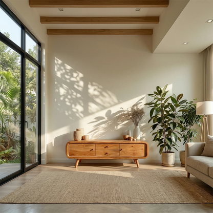 A solid wood media console with curved corners and drawers adds warmth to modern living spaces