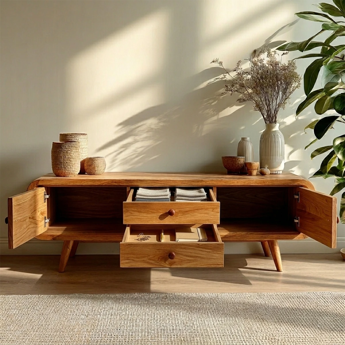 This modern TV stand features rounded edges and storage drawers for a clean, timeless interior
