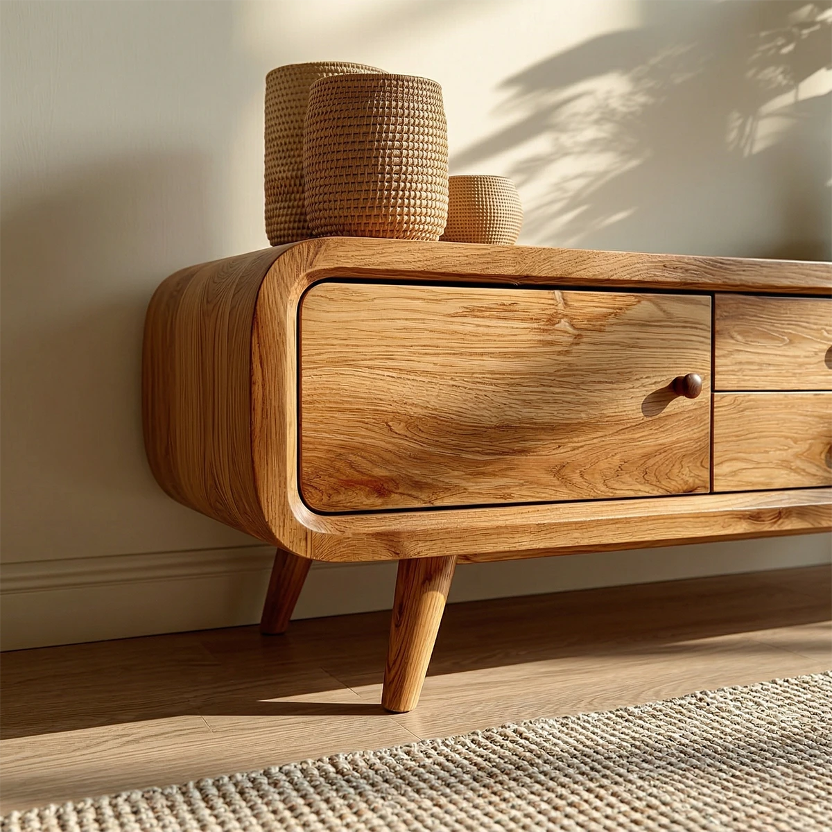 In a bright room, a mid century TV console with drawers offers both storage and soft design lines