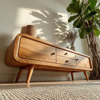 Low profile TV stand with rounded frame and drawers fits seamlessly into modern home décor