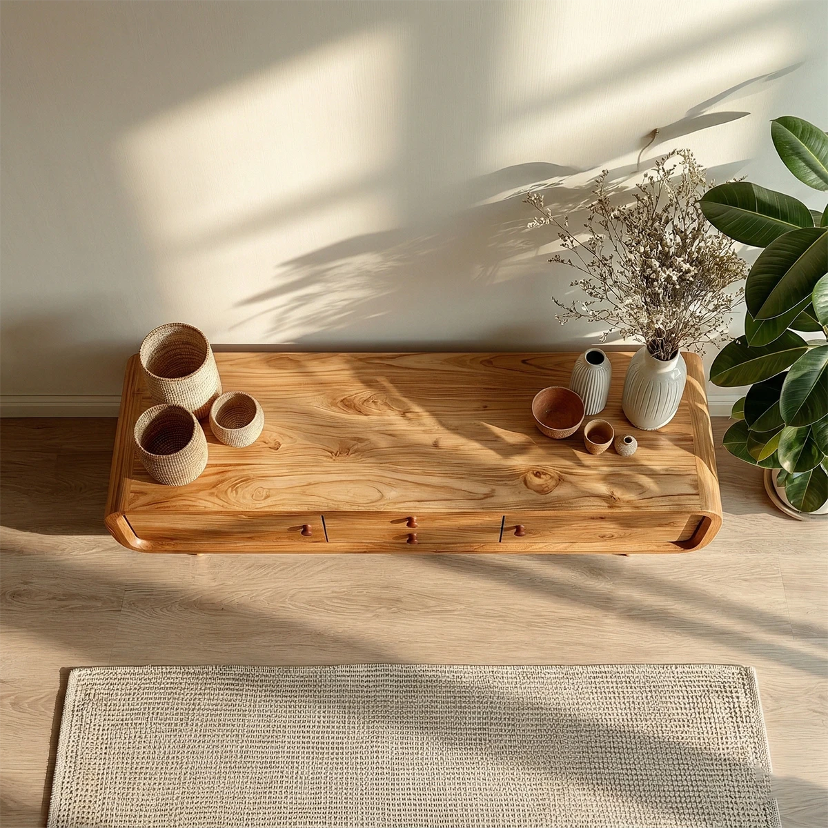 Solid wood TV console with curved edges and storage drawers enhances a calm living environment