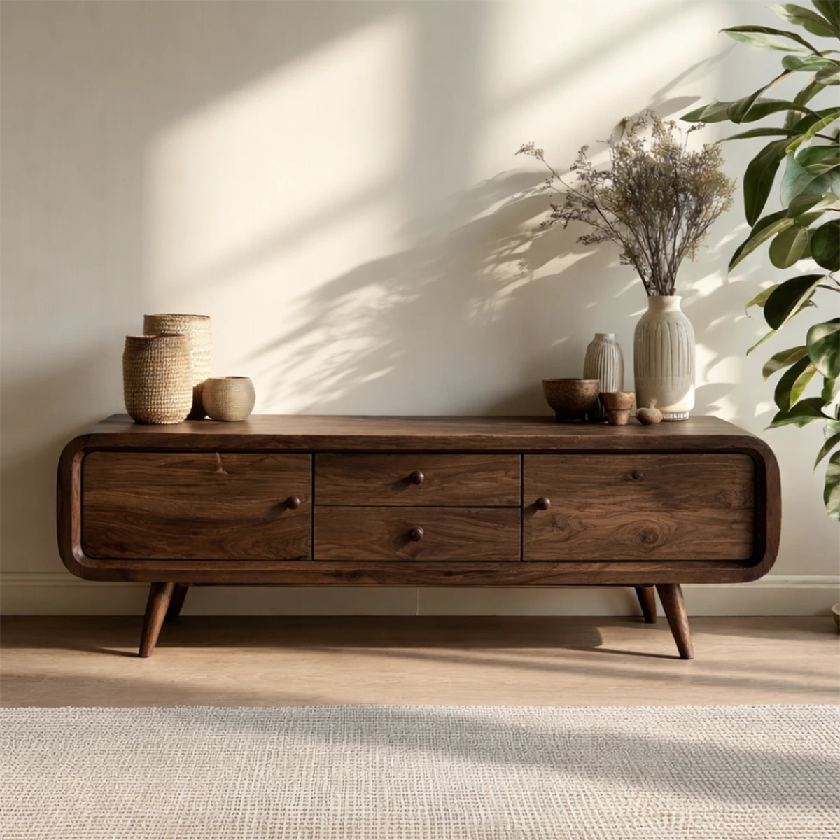 A minimalist media console with rounded corners and drawers creates a balanced modern look