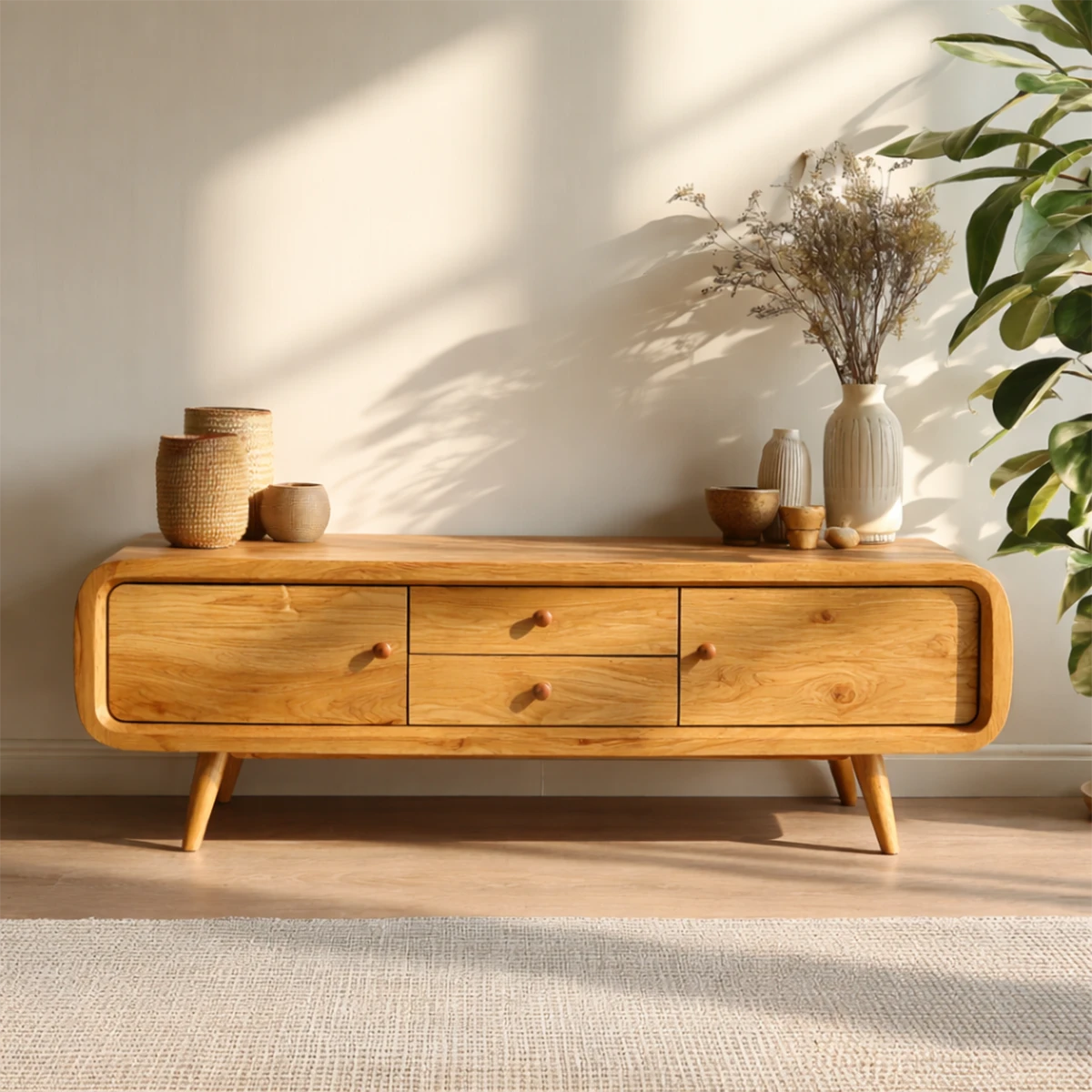Designed with smooth curves, this TV stand offers storage and natural wood texture in modern homes