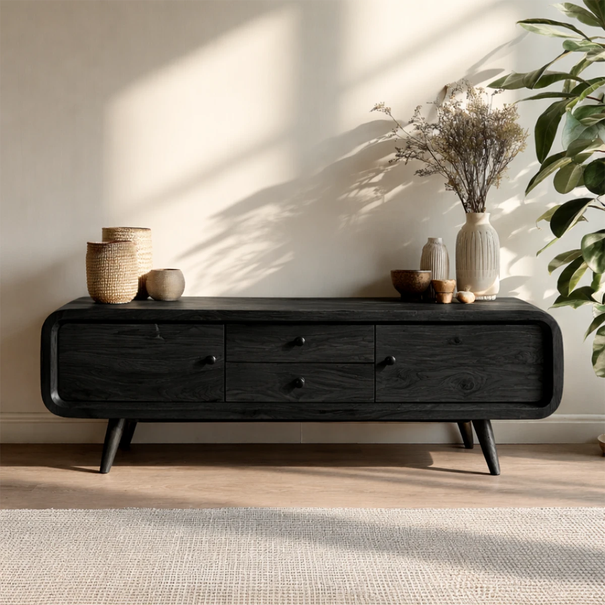 Contemporary TV stand with drawers and rounded edges brings warmth and function to interiors