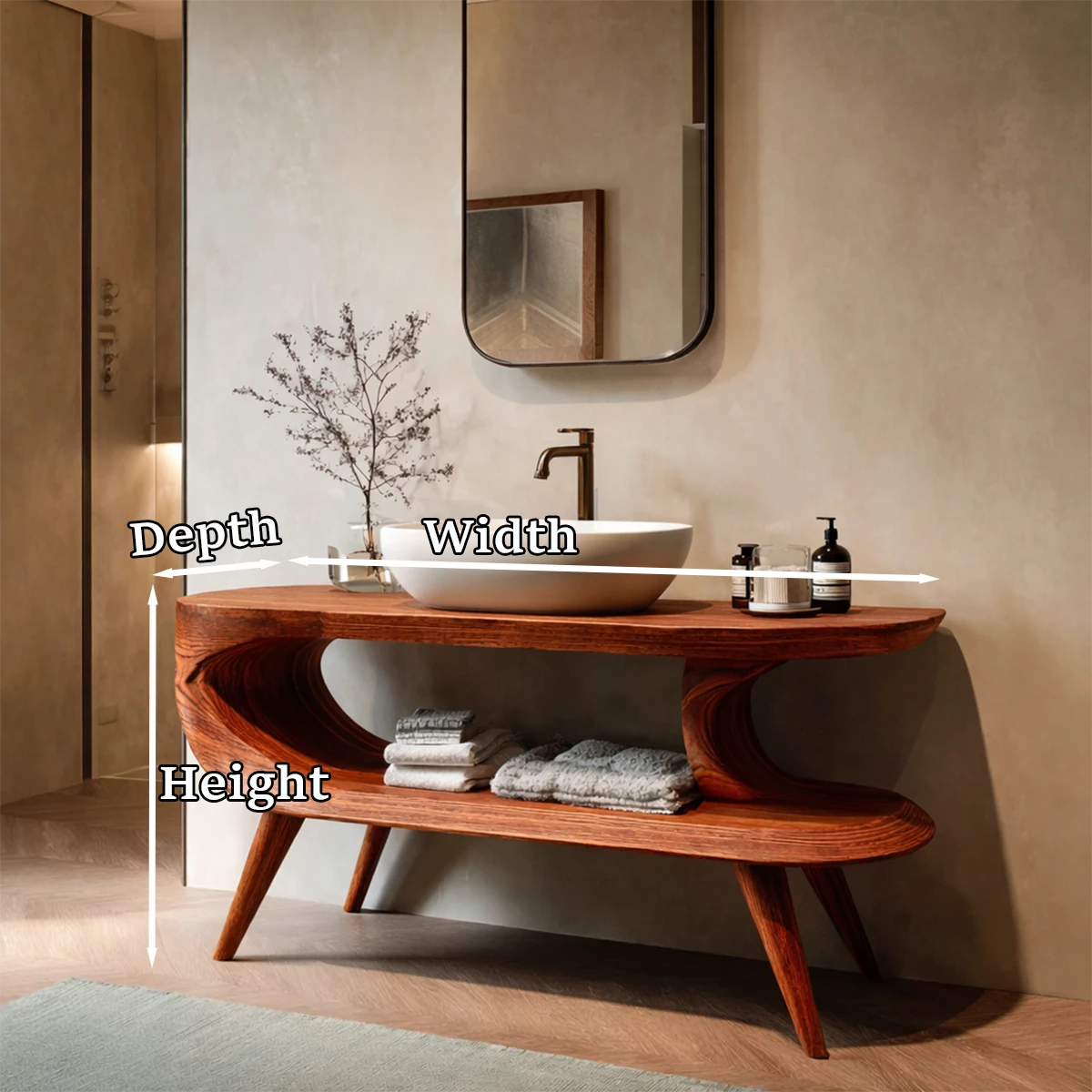 Stylish brown wooden bathroom vanity with open shelf