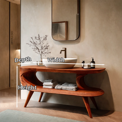 Stylish brown wooden bathroom vanity with open shelf