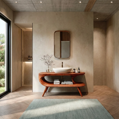 Brown wooden vanity cabinet with open storage shelf