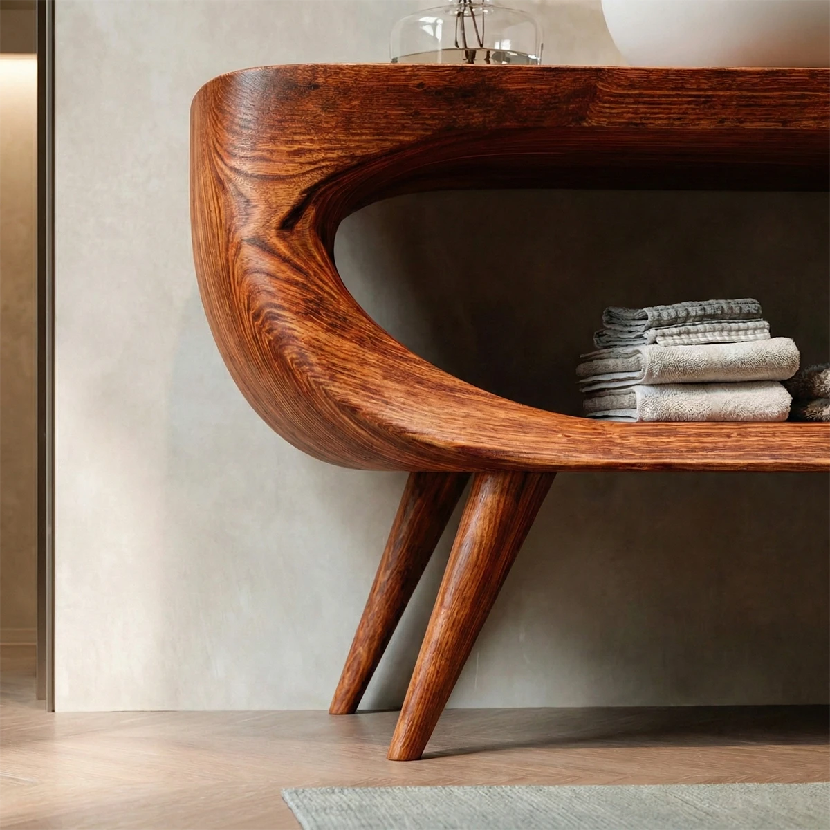 Retro style brown bathroom vanity with tapered legs