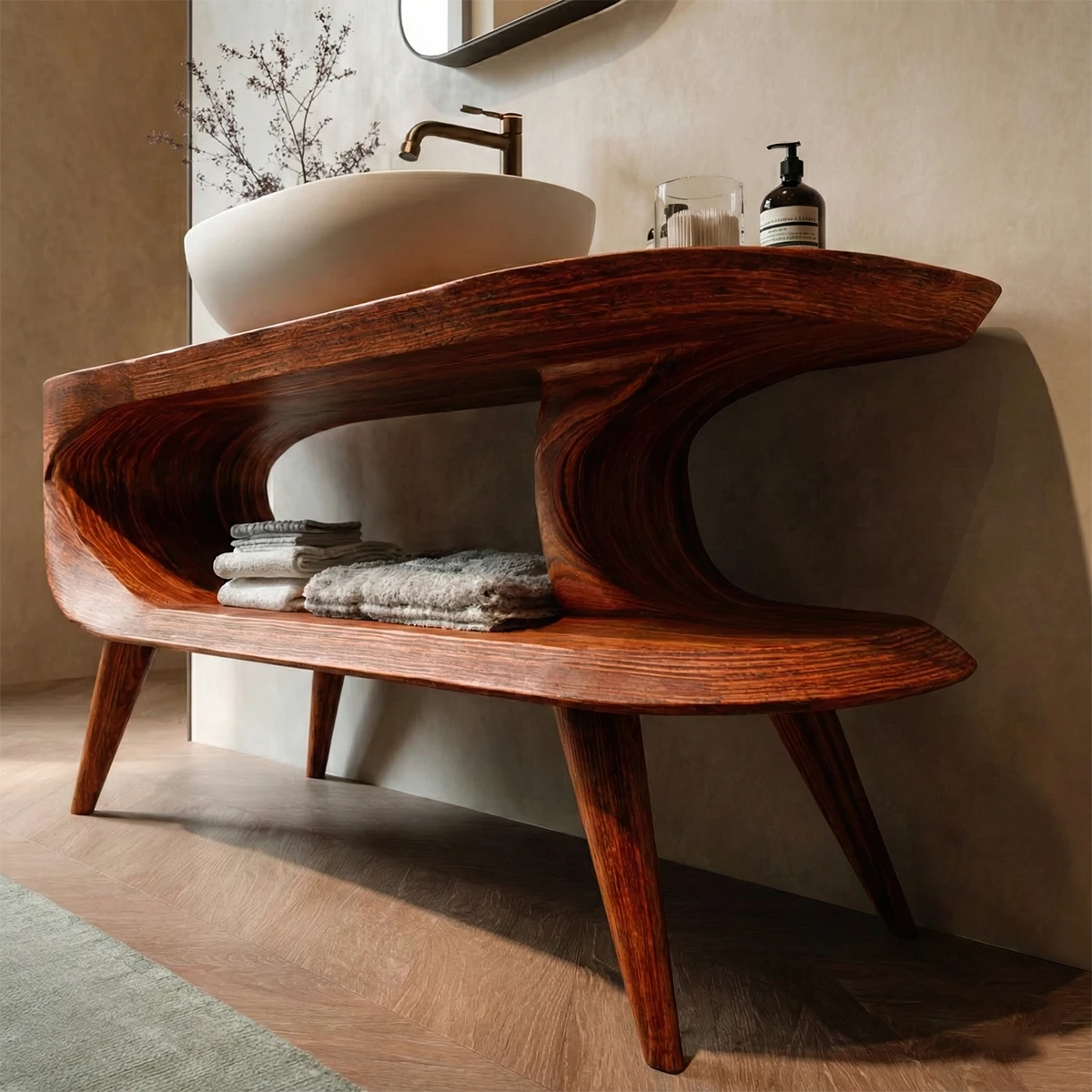 Solid brown wood vanity table with curved storage
