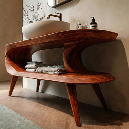Solid brown wood vanity table with curved storage