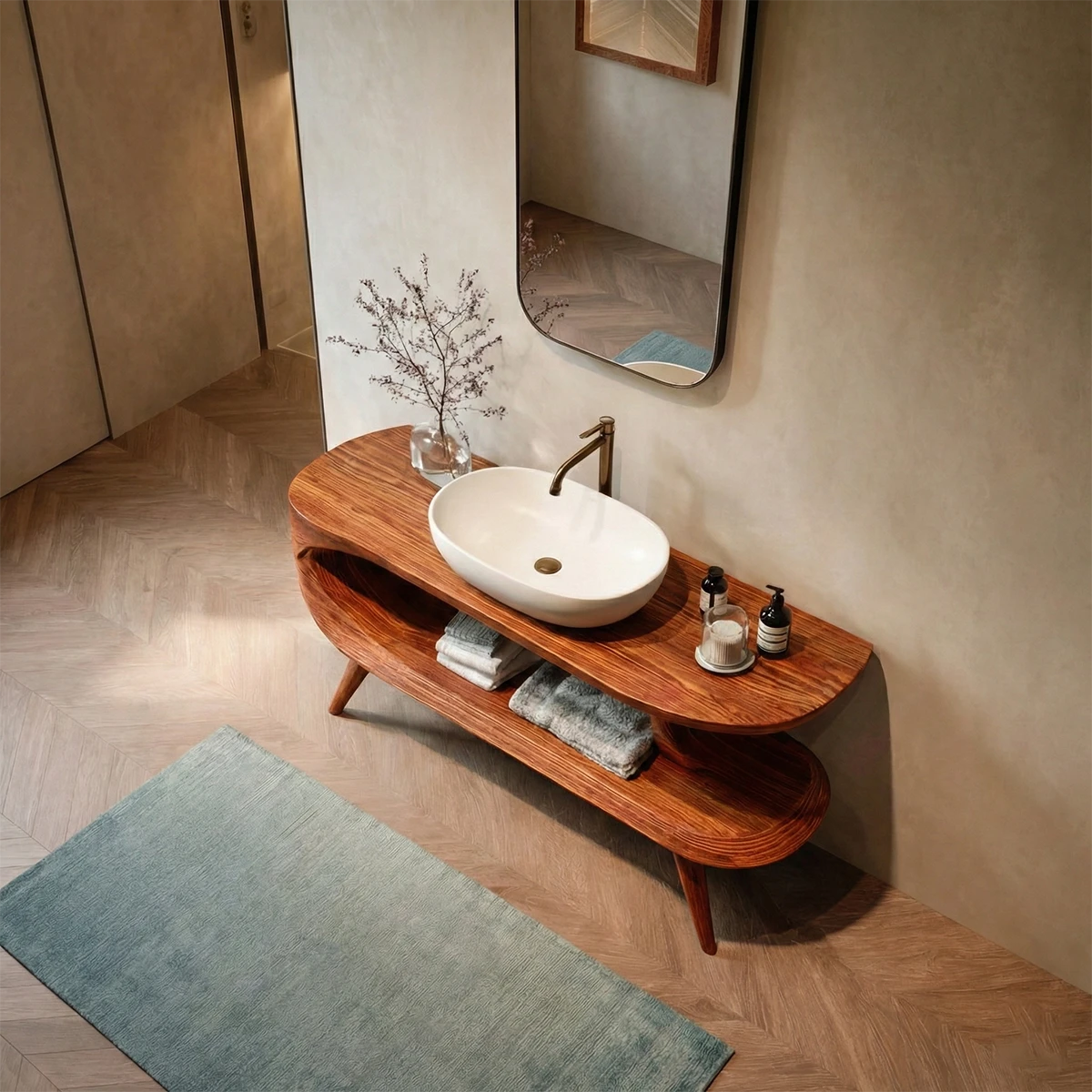 Modern retro brown bathroom vanity open shelf design