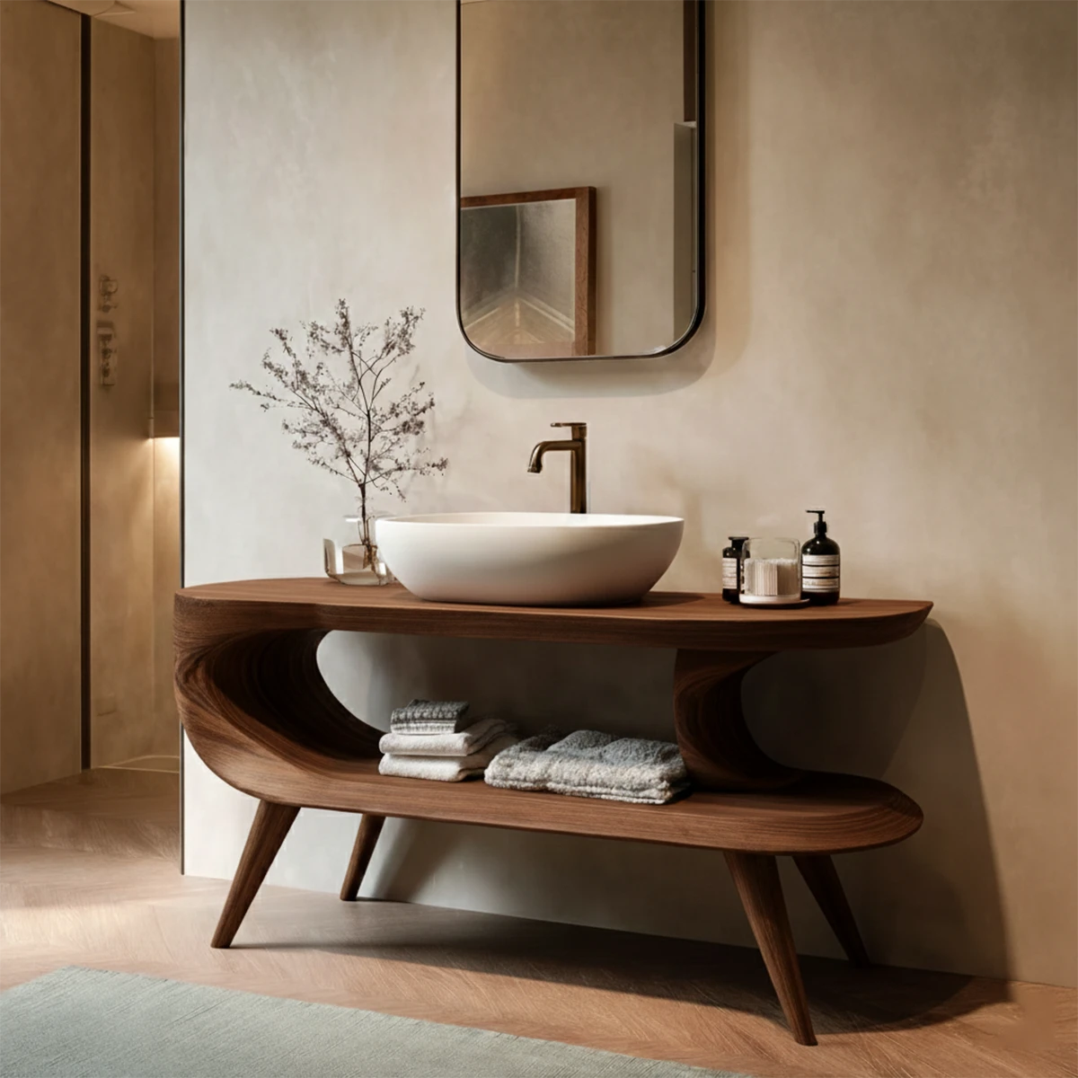 Elegant brown wooden vanity with sculpted shelf space