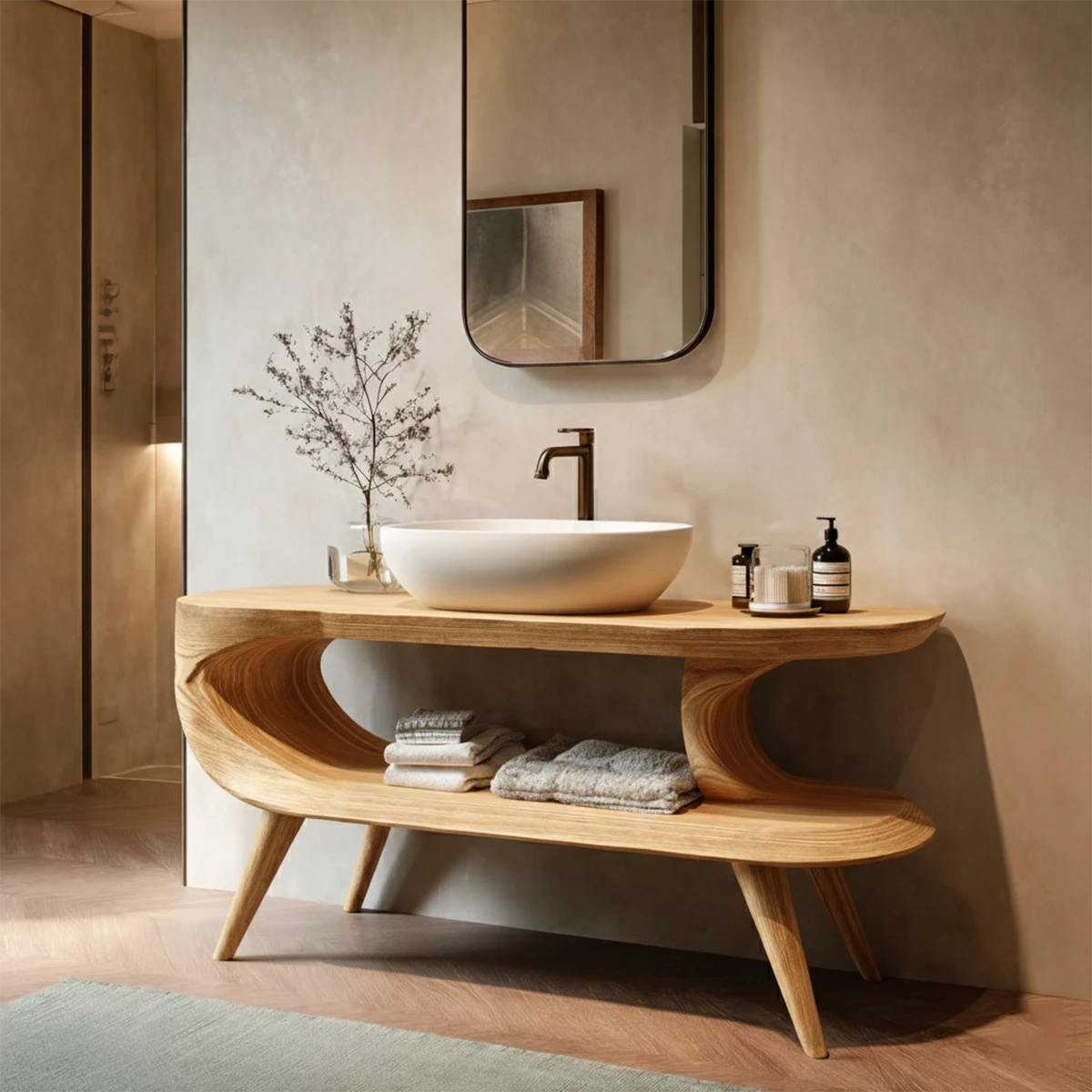 Contemporary brown wood vanity with mid century legs