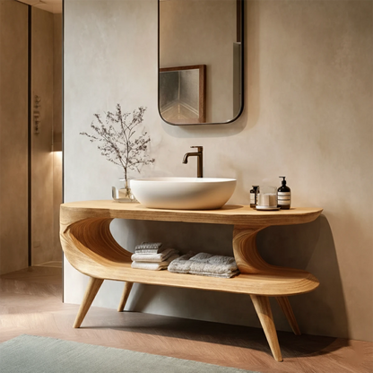 Contemporary brown wood vanity with mid century legs