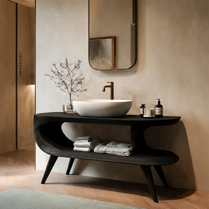 Designer brown bathroom vanity with organic curves