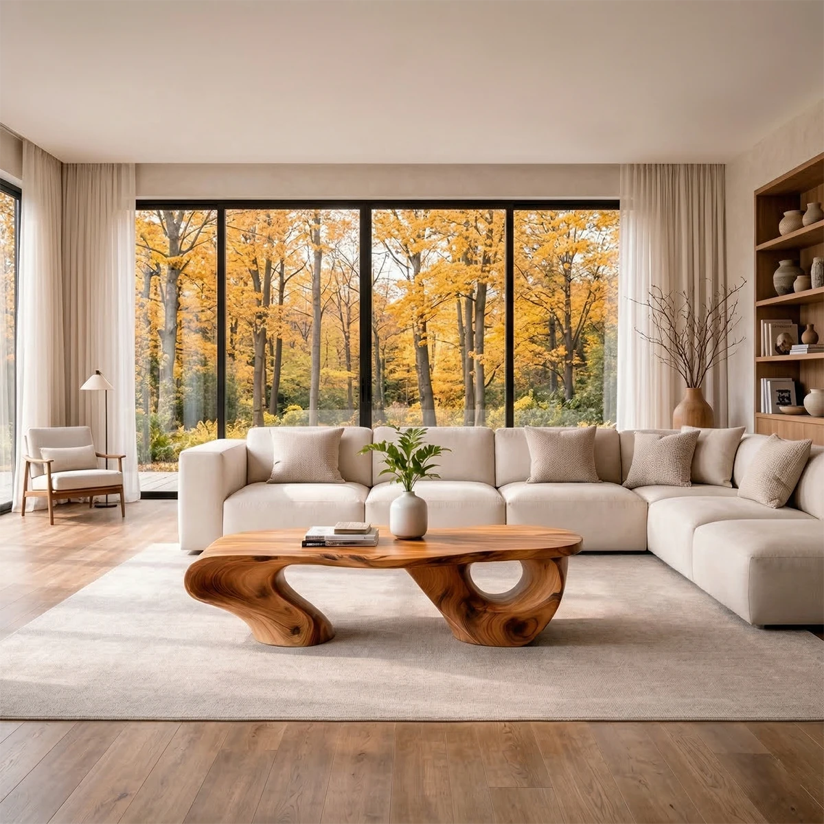 Brown coffee table with offset base design