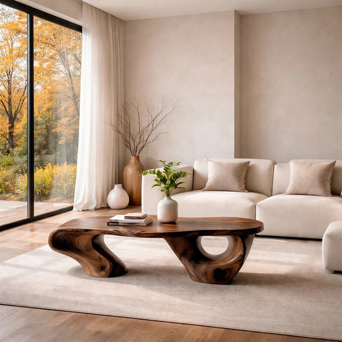 Contemporary walnut coffee table with offset support