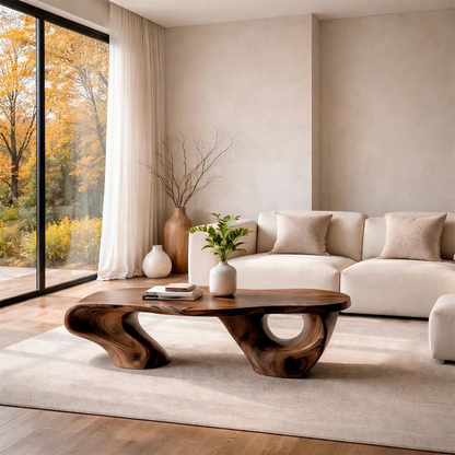 Contemporary walnut coffee table with offset support