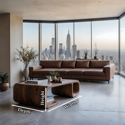 Coffee table with dark walnut finish and sculptural base in a warm neutral modern living room