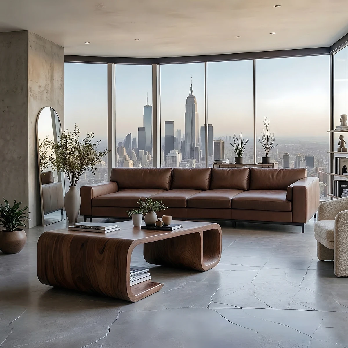 Coffee table in dark walnut finish with flowing base design and rounded edges in a bright contemporary interior