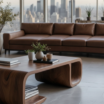 Minimal coffee table with dark walnut finish and organic base shape in a calm and clean living room