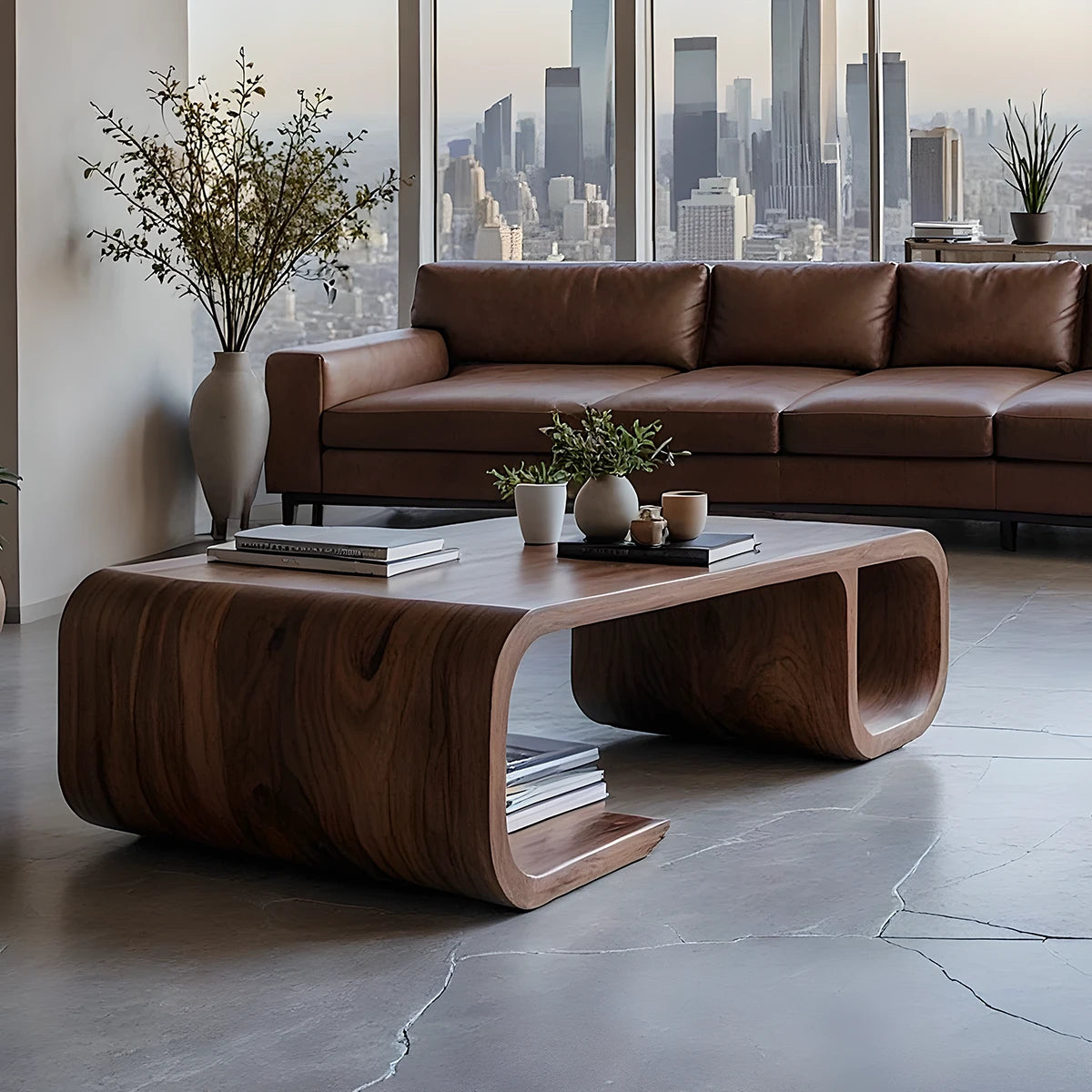 Dark walnut finish coffee table with sculptural curved base and seamless top in a soft neutral interior