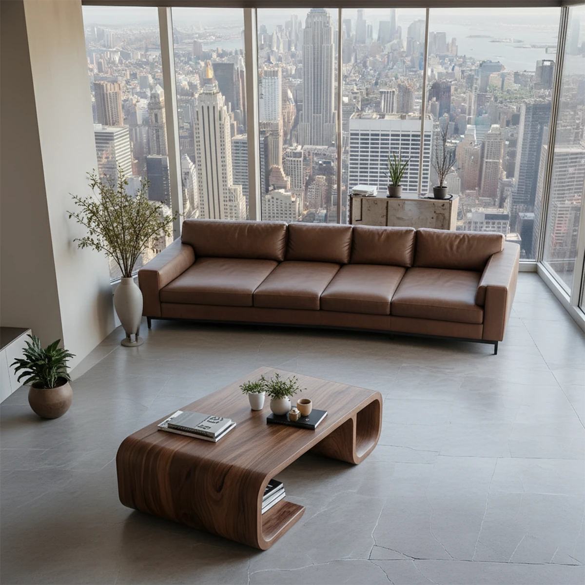 Coffee table with dark walnut finish featuring smooth edges and flowing base in a modern living space