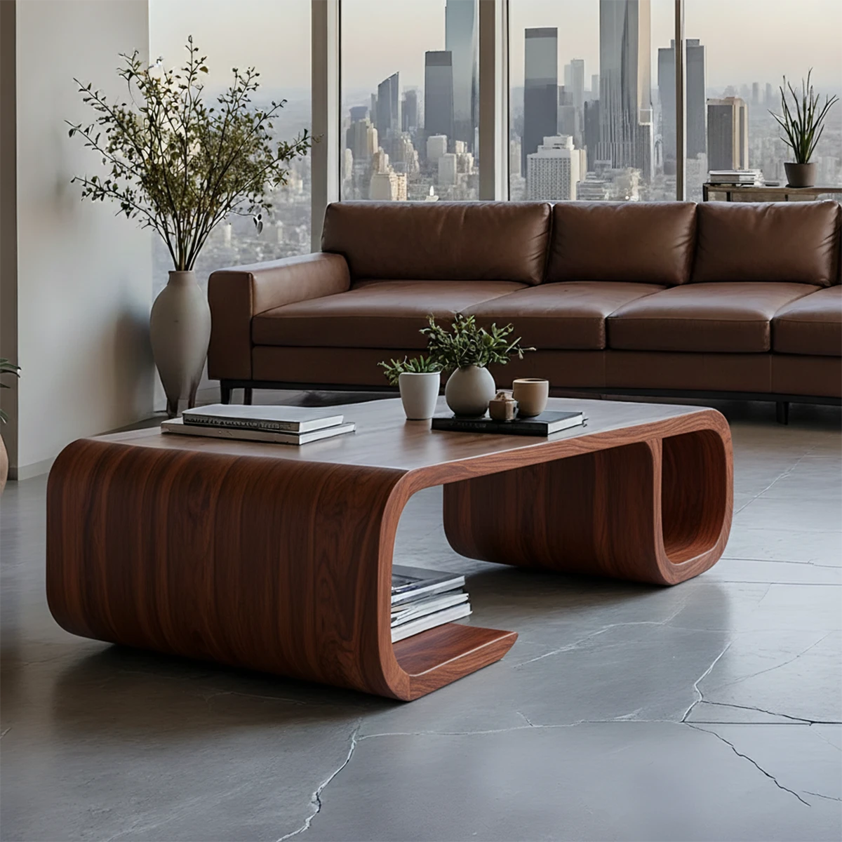 Contemporary coffee table in dark brown finish with curved base form in a refined home interior setting