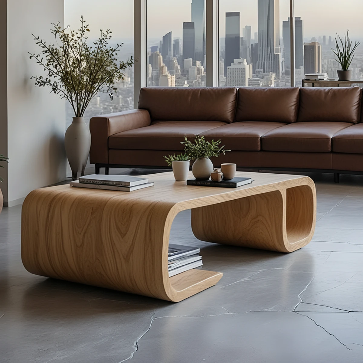 Dark oak finish coffee table with organic silhouette and smooth surface in a minimalist living room