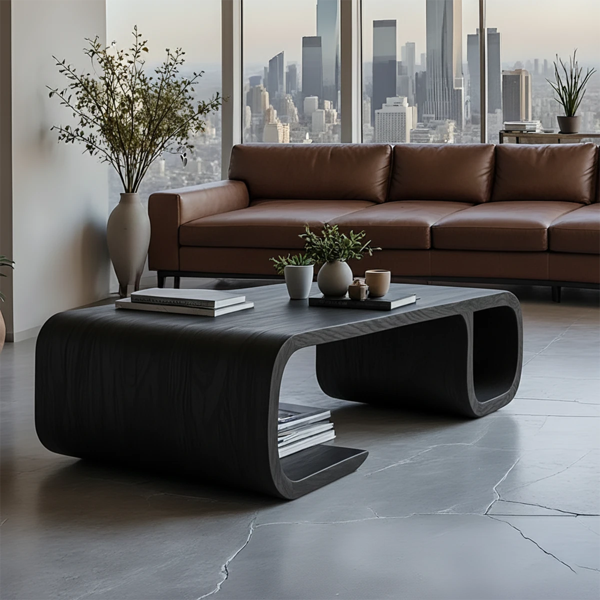Coffee table in dark balck finish with artistic base design and rounded edges in a clean modern space
