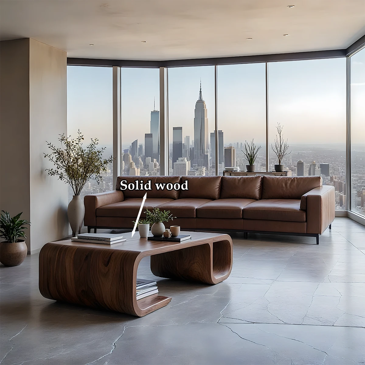 Dark walnut finish coffee table with fluid base shape and balanced form in a contemporary environment