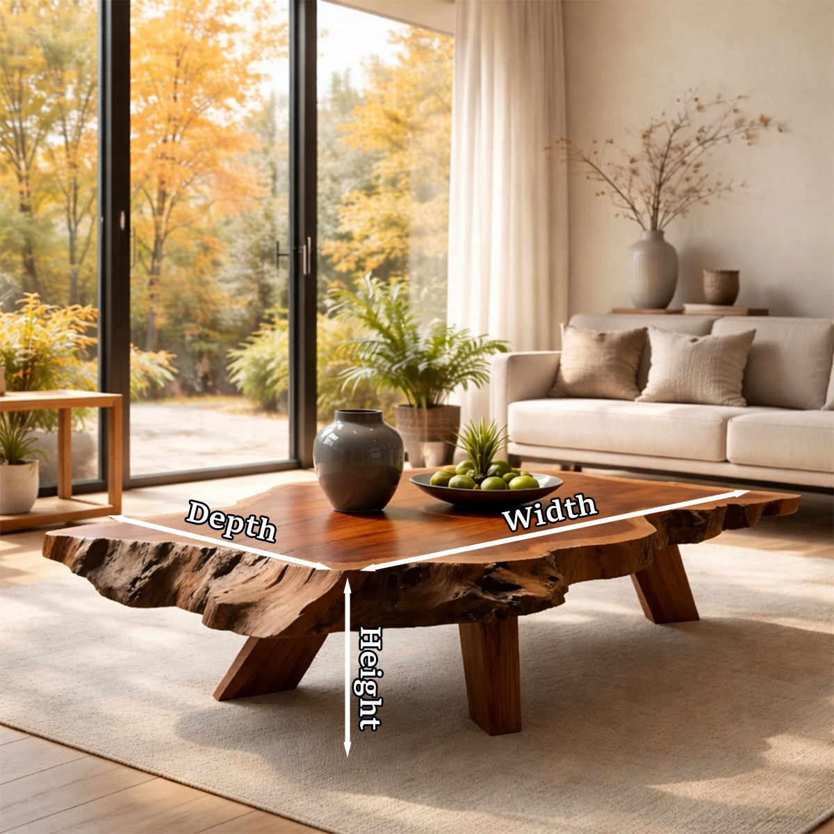 Coffee table with deep brown finish and sculptural base in a warm neutral modern living room