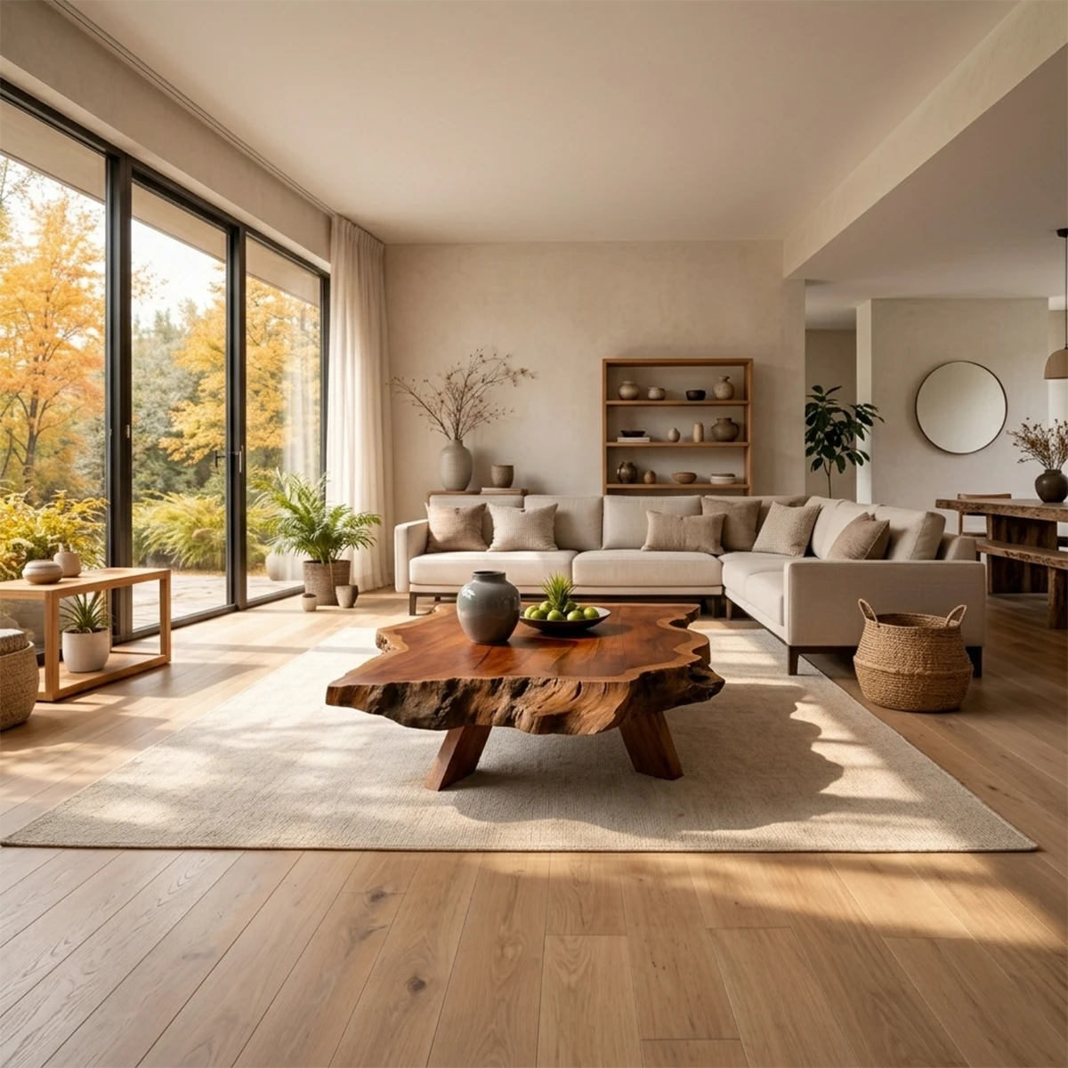 Coffee table in deep brown finish with flowing base design and rounded edges in a bright interior
