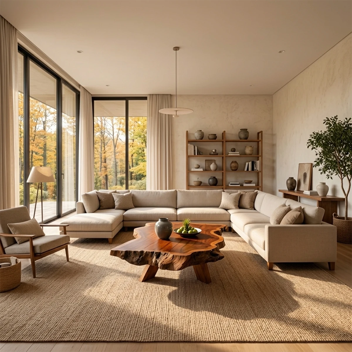Coffee table in deep brown finish with flowing base design and rounded edges in a bright interior