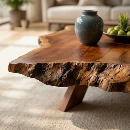 Deep brown coffee table with sculptural curved base and seamless top in a soft neutral interior