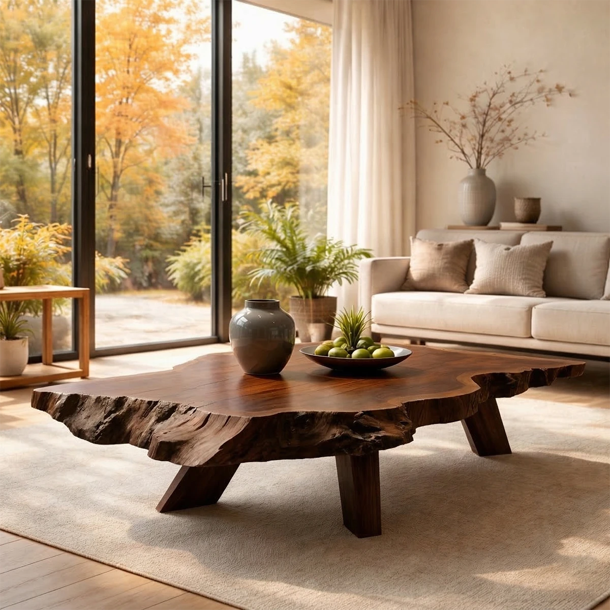Contemporary coffee table in deep walnut finish with curved base form in a refined interior