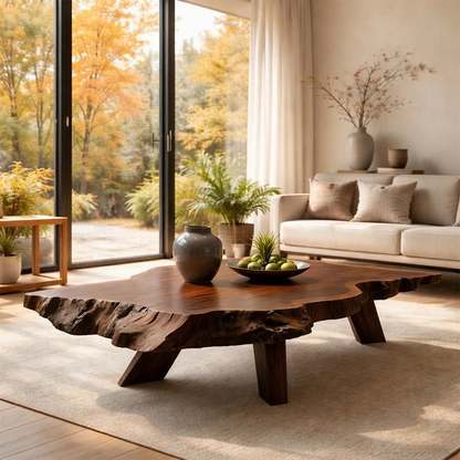 Contemporary coffee table in deep walnut finish with curved base form in a refined interior