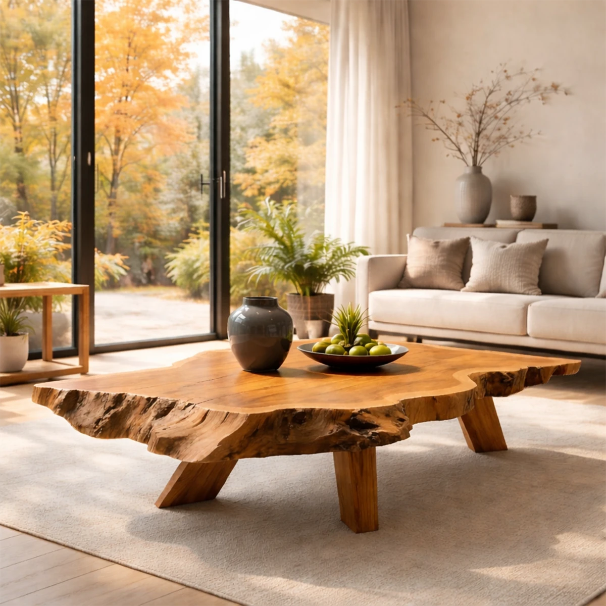 Deep oak coffee table with organic silhouette and smooth surface in a minimalist living room