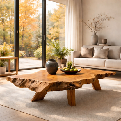 Deep oak coffee table with organic silhouette and smooth surface in a minimalist living room