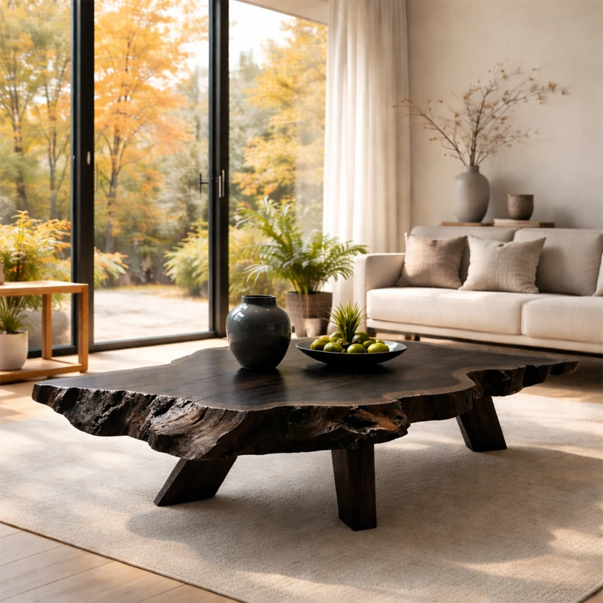 Coffee table in deep black finish with artistic base design and soft curves in a bright interior