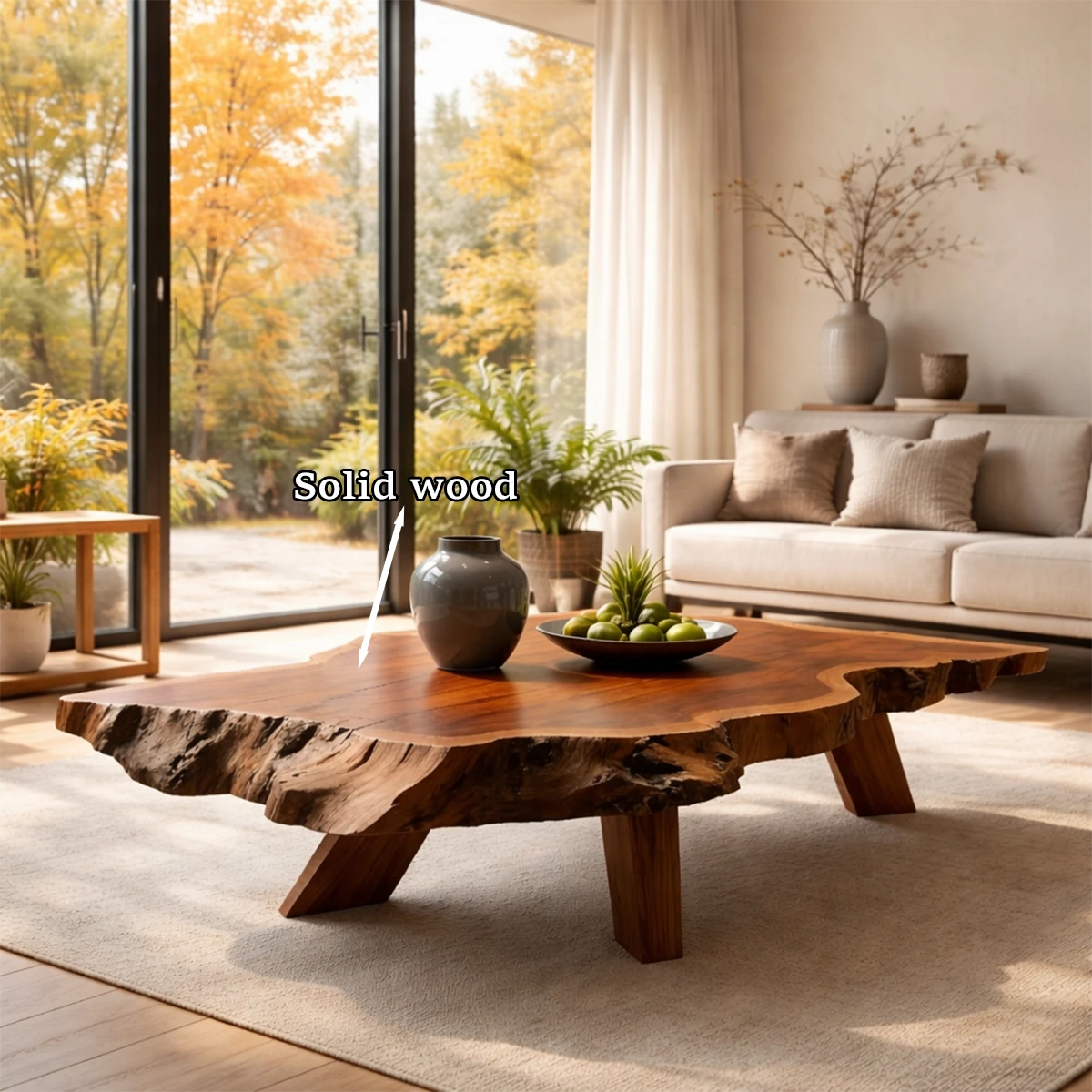 Deep brown coffee table with flowing base shape and rounded top in a clean contemporary space