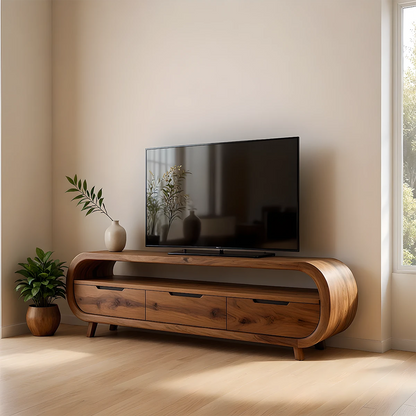 Espresso brown TV stand with sculpted front panels and clean lines in a modern living room